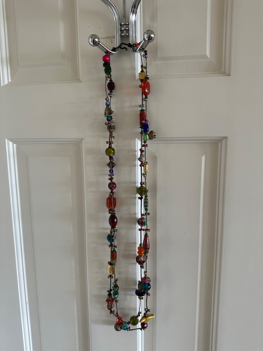 COLORFUL, VINTAGE 2 STRAND TRESKA NECKLACE-WITH GLASS, FEMO, METAL BEADS